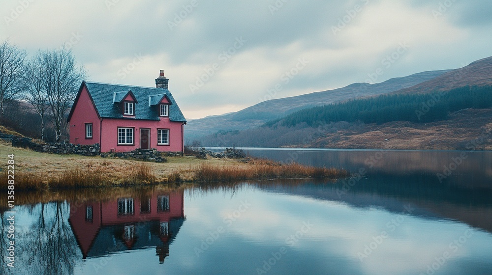 Obraz premium Cozy pink cottage overlooking Loch Glass calm waters reflecting the sky and hills nostalgic 35mm film grain and moody tones. 