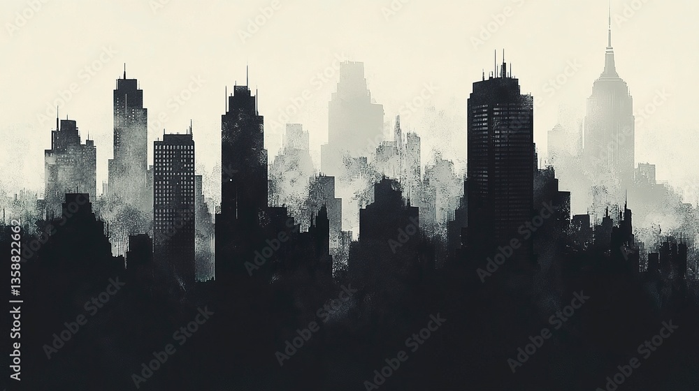 Fototapeta premium Dense cityscape silhouette with layered black buildings varied heights creating depth on a simple monochromatic background. 