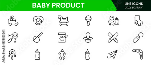 Baby  Product food icons include bottles, spoons, jars, powder, and more.  Thin outline icons pack. Vector illustration