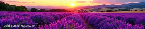Vibrant lavender fields in Provence at sunset with rolling hills in the background,  fields,  summer