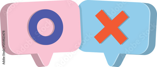 O와 X가 표시된 입체적 말풍선의 일러스트