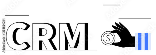 CRM acronym in bold letters next to a hand holding a coin, signifying financial growth and management. Ideal for business, marketing, sales, finance, strategy, customer relations, flat simple