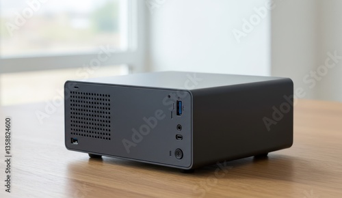 A small, black, and modern mini PC on a wooden desk,