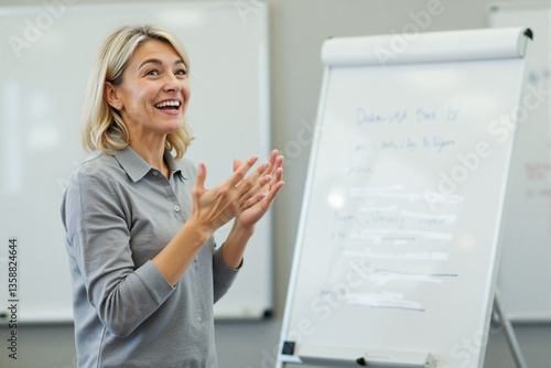 Confident teacher smiling and presenting ideas in a classroom setting  