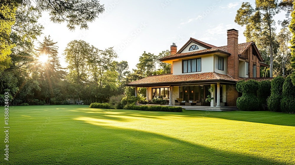Elegant countryside-style house with a vast lush lawn sprawling trees in the background warm sunlight and clear skies framing the scene.