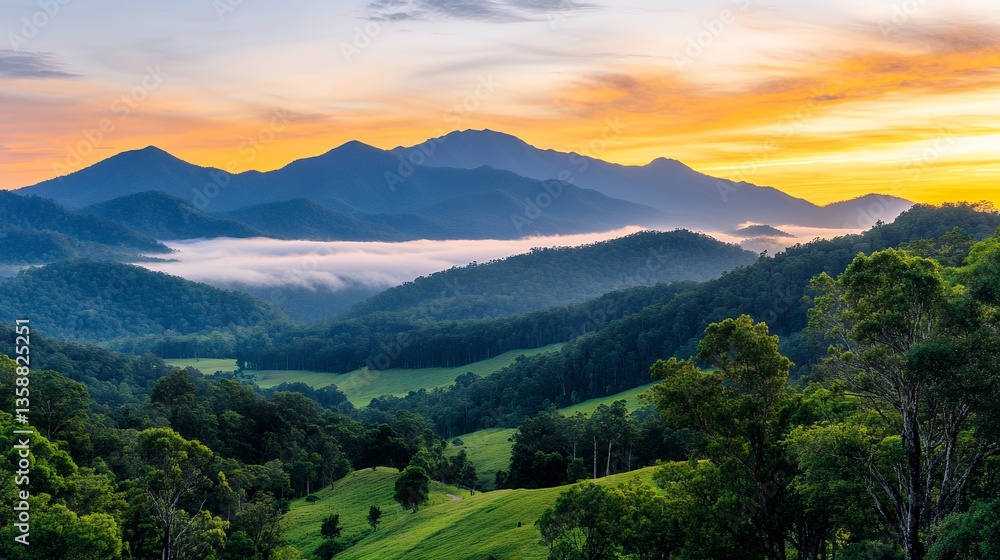 Obraz premium Serene Sunrise over Majestic Mountain Range and Lush Green Valleys Bathed in Golden Light
