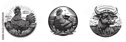 Hand-Drawn Illustrations of Farm Animals in Black and White Style
