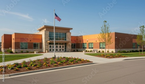 Modern school building with US flag waving in the breeze,