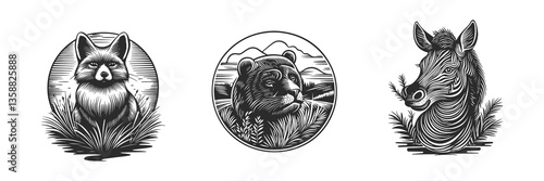 Hand-Drawn Illustrations of Wildlife in Black and White Style