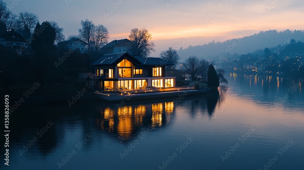 Fototapeta premium Elegant modern house riverside setting warm evening lights reflecting in calm waters twilight sky soft gradients aerial 3D perspective. 