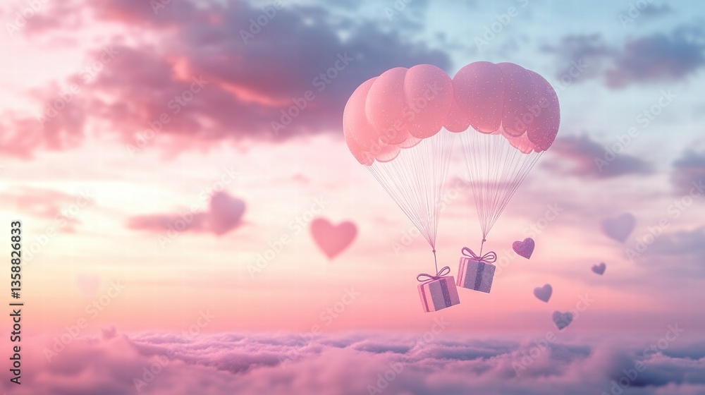 Obraz premium A Box flying on a parachute with pink cloud in valentine day,package flying down from sky and cloud with parachute, concept for delivery service,shopping online,air delivery service.