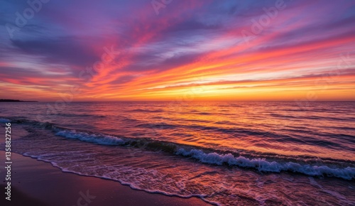 Fototapeta Naklejka Na Ścianę i Meble -  Scenic sunset on the beach with vibrant sky and ocean waves,
