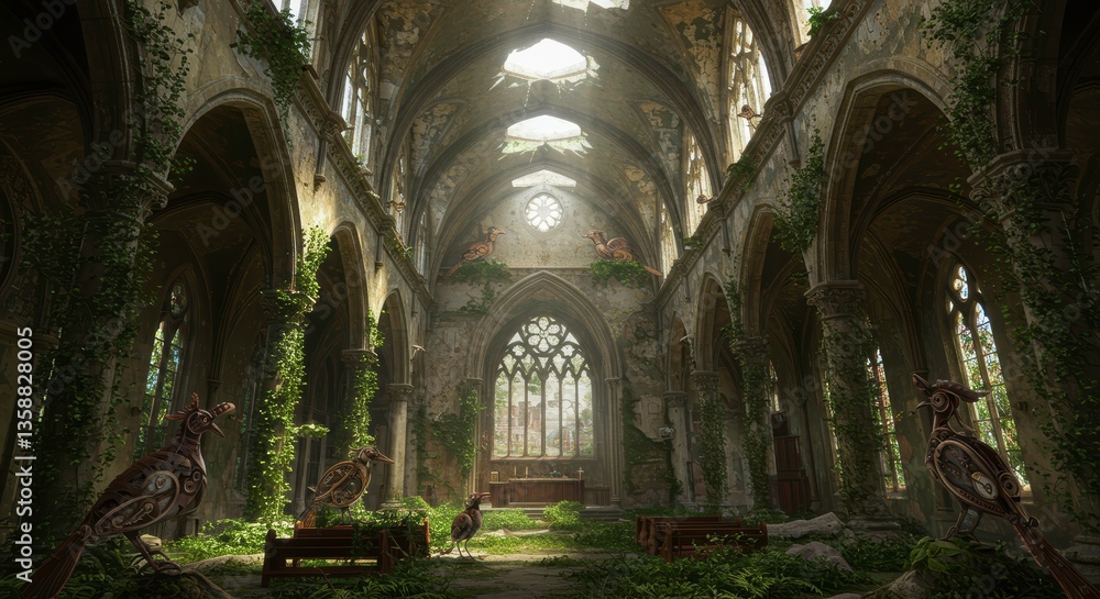 Fototapeta premium Overgrown Ruins of a Gothic Church with Steampunk Birds Nature Reclaiming Ancient Architecture