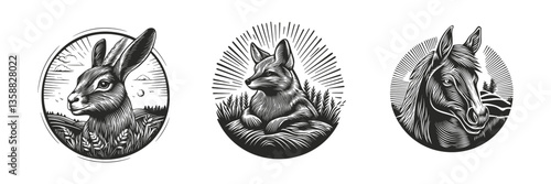 Hand-Drawn Wildlife Illustrations Featuring Rabbit, Fox, and Horse