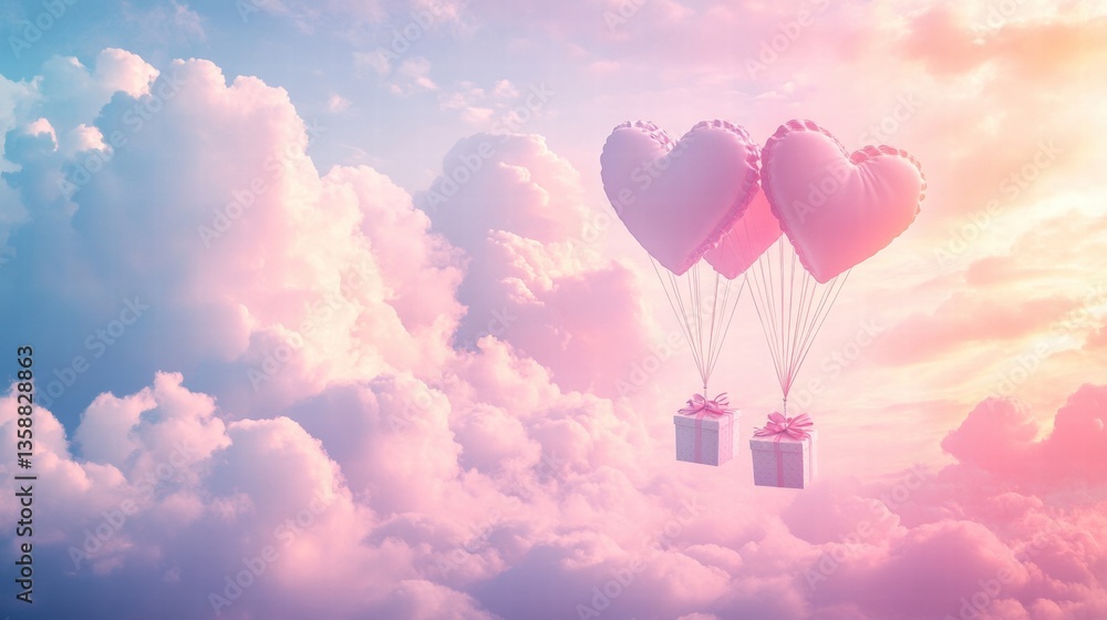 Fototapeta premium A Box flying on a parachute with pink cloud in valentine day,package flying down from sky and cloud with parachute, concept for delivery service,shopping online,air delivery service.