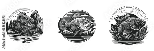 Hand Drawn Fish Illustrations with Nature Backgrounds in Black and White