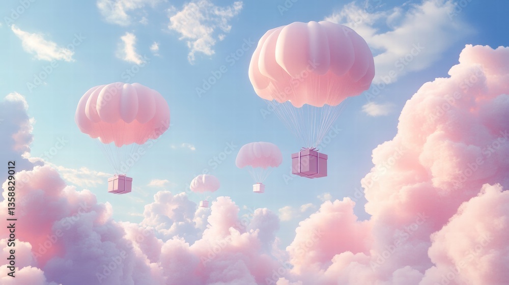 Fototapeta premium A Box flying on a parachute with pink cloud in valentine day,package flying down from sky and cloud with parachute, concept for delivery service,shopping online,air delivery service.