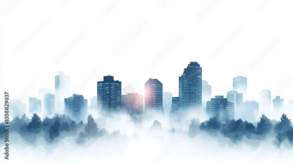 Obraz premium Foggy urban skyline silhouettes of houses and buildings glowing softly seamless horizontal layout on a pure white background clean vector design. 