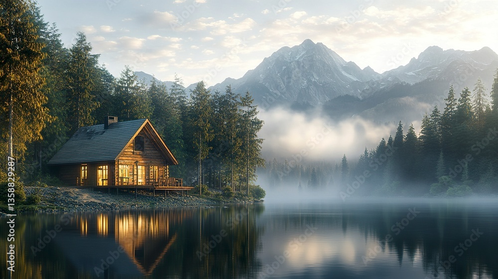 Fototapeta premium Forest house with wooden siding peaceful lake reflecting the scene foggy mountain range looming in the distance glowing dusk ambiance. 