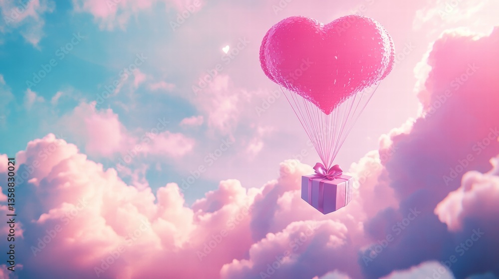 Fototapeta premium A Box flying on a parachute with pink cloud in valentine day,package flying down from sky and cloud with parachute, concept for delivery service,shopping online,air delivery service.