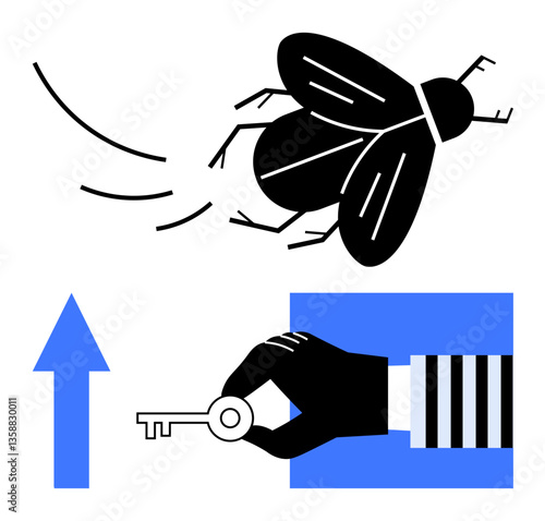 Hand grips key near upward arrow and flying insect, evoking concepts of discovery, solutions, and freedom. Ideal for innovation, achievement, creativity, exploration, growth leadership success