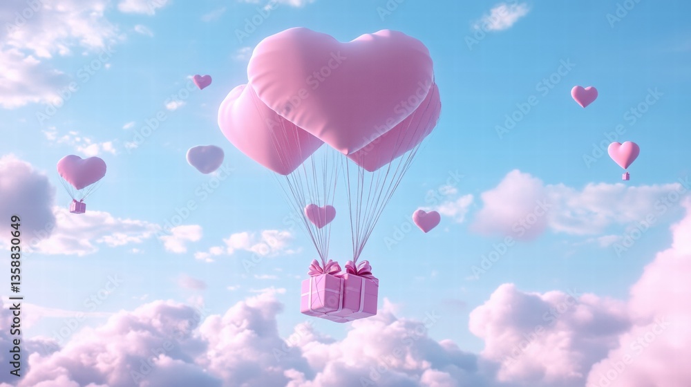 Obraz premium A Box flying on a parachute with pink cloud in valentine day,package flying down from sky and cloud with parachute, concept for delivery service,shopping online,air delivery service.