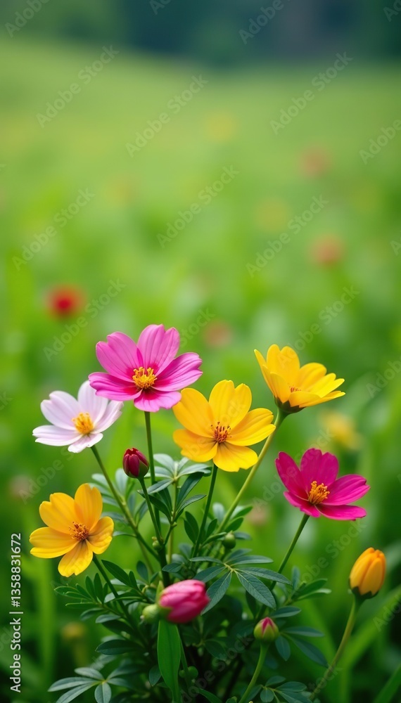 Fototapeta premium Vibrant bouquet of flowers blooming in lush green grass field, serenity, summer