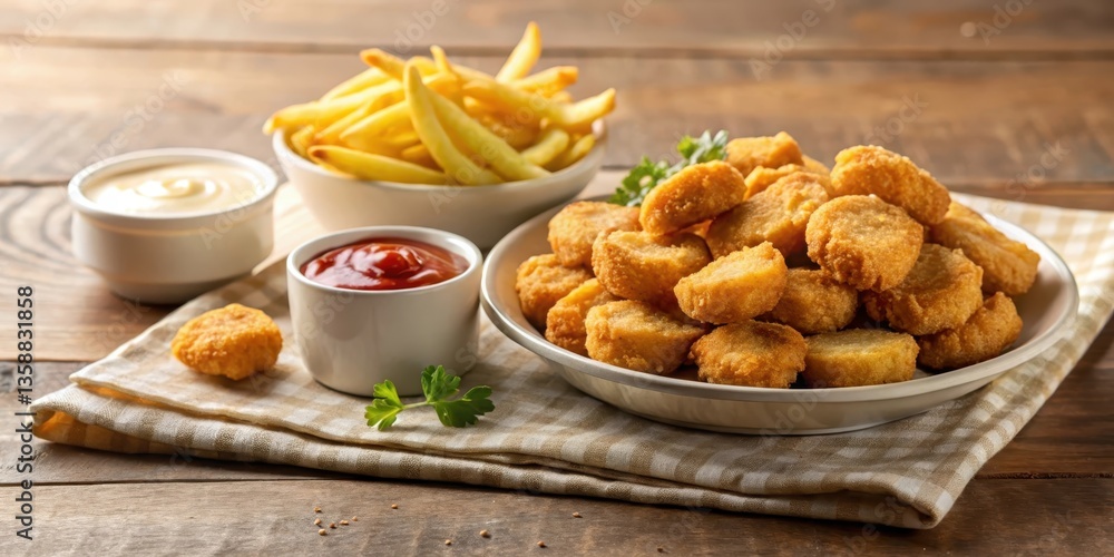 A delectable arrangement of crispy fried chicken nuggets served alongside golden french fries, accompanied by creamy mayonnaise and tangy ketchup, all presented on a rustic wooden table. A delectable arrangement of crispy fried chicken nuggets served alongside golden french fries, accompanied by creamy mayonnaise and tangy ketchup, all presented on a rustic wooden table.