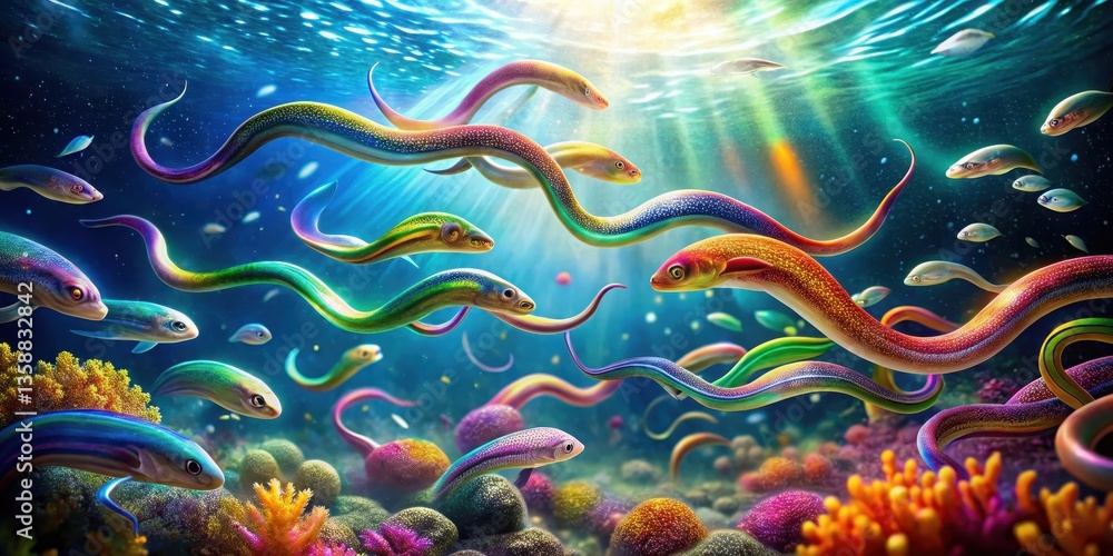 Vibrant Rainbow Eels Gracefully Swim Among Lush Coral Reefs in a Sunlit Underwater Paradise Vibrant Rainbow Eels Gracefully Swim Among Lush Coral Reefs in a Sunlit Underwater Paradise