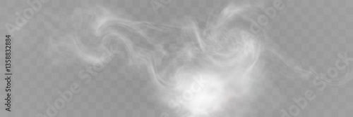 Realistic white smoke on transparent background with soft swirling effect, misty fog, airy vapor, atmospheric haze, drifting smog, subtle steam, floating cloud, delicate fumes.	
