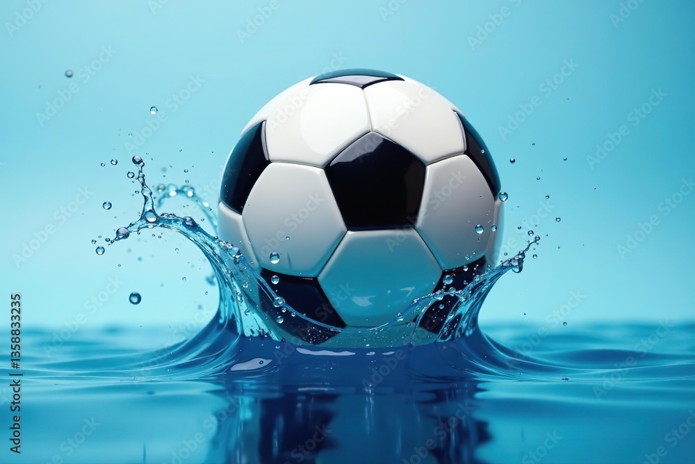 Naklejka premium Vibrant soccer ball with blue water ripples and dynamic splash effects on fluid background, soccer, excitement