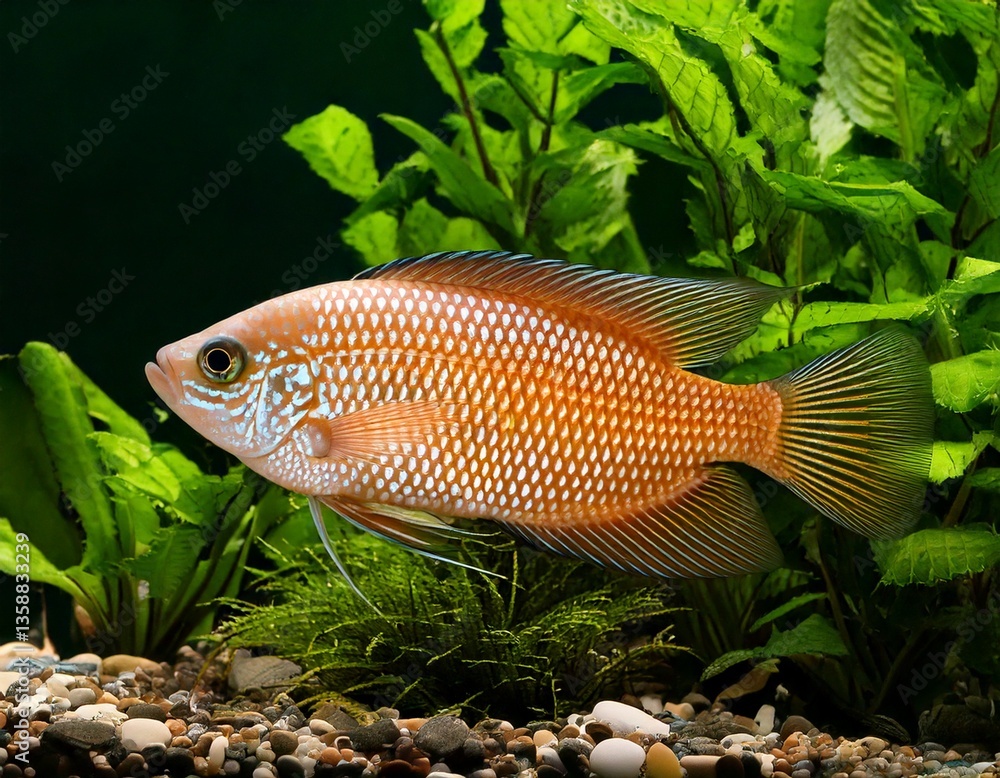 Trichogaster chuna Honey Gouramis fish in a Freshwater Aquarium gravel with green plants
