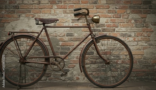 A rusty vintage bicycle against a brick wall,