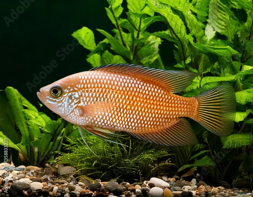 Obraz na płótnie Trichogaster chuna Honey Gouramis fish in a Freshwater Aquarium gravel with green plants w salonie