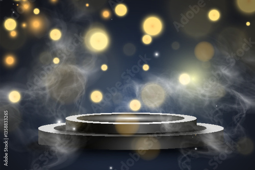Illuminated podium with spotlights and smoke dark background for award, event, or presentation.
