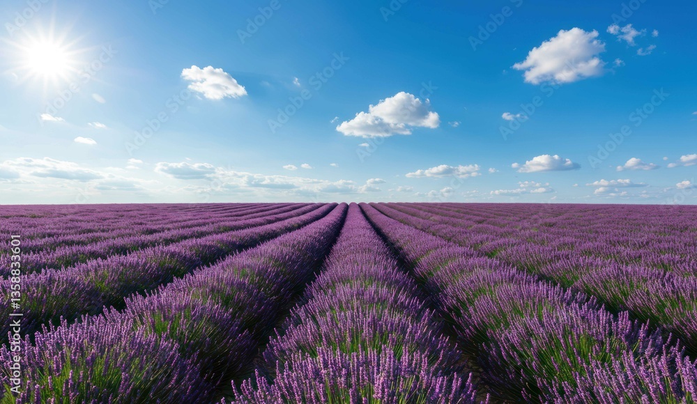 Fototapeta premium Vibrant lavender field stretches to the horizon under a bright sky,
