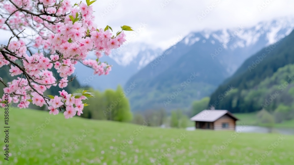 Pink blossoms, mountain scenery, tranquil valley