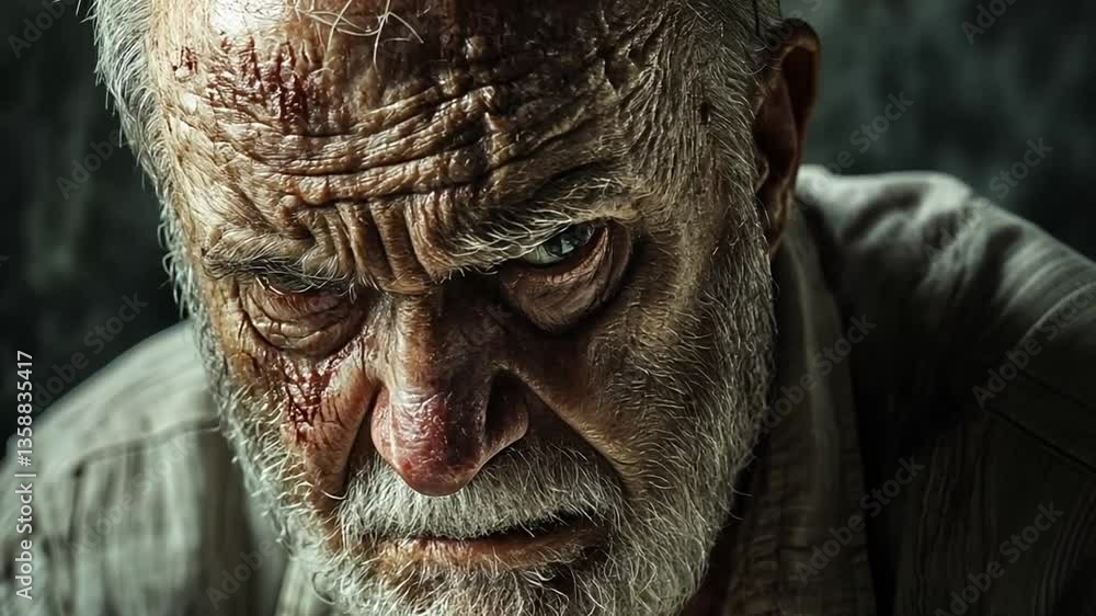 A close-up portrait of an elderly man with a weathered face and intense, piercing gaze. A close-up portrait of an elderly man with a weathered face and intense, piercing gaze.