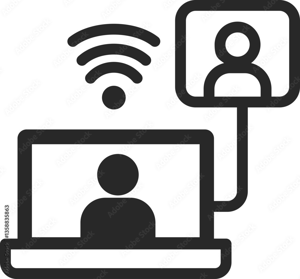 Video conference solid icon with laptop, user, and wireless connection, vector. Video conference solid icon with laptop, user, and wireless connection, vector.