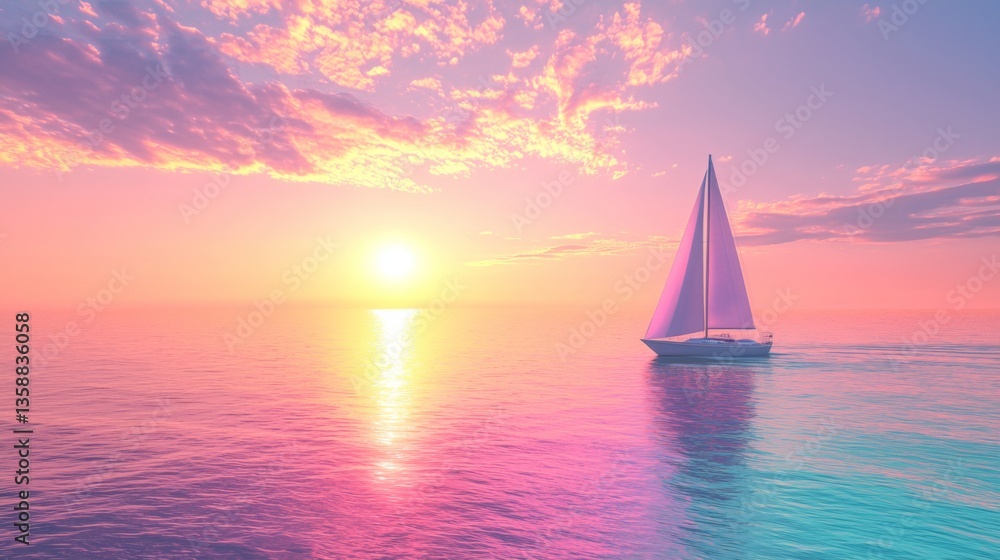 Fototapeta premium Majestic Sailboat at Sunset on Tranquil Waters with Vibrant Sky and Reflective Waves in Serene Coastal Landscape