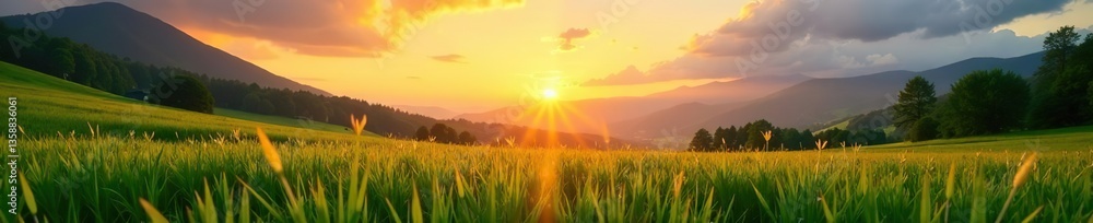Vibrant sunrise over a field of lush green grass in the picturesque Carpathian Mountains, dawn, natural Vibrant sunrise over a field of lush green grass in the picturesque Carpathian Mountains, dawn, natural