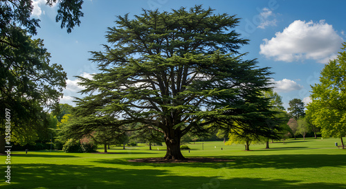 A majestic cedar tree standing proudly in a lush green park under a clear blue sky, casting a peaceful shadow on the surrounding grass and creating a serene outdoor landscape.

