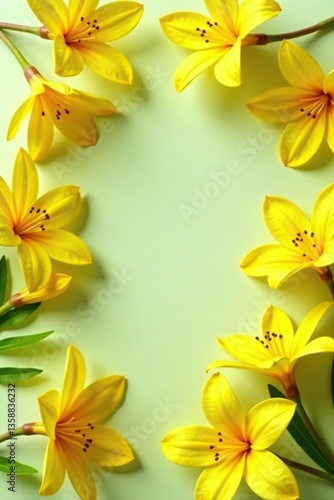 Vibrant flat lay arrangement of yellow ylang ylang flowers in a postcard style,  vibrant, yellow flowers