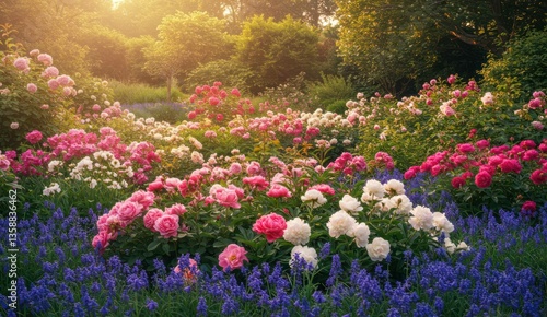 Fototapeta Naklejka Na Ścianę i Meble -  Lush garden view with vibrant peonies in bloom and bluebells below,