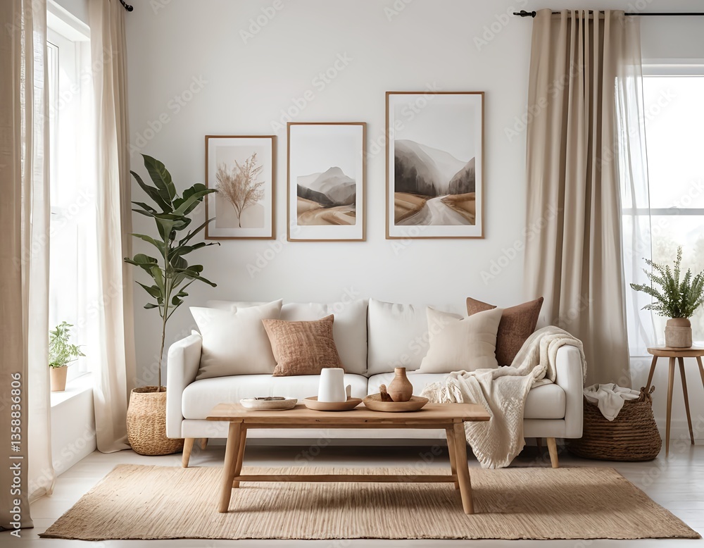 Fototapeta premium Cozy Living Room Interior with Neutral Tones and Natural Decor