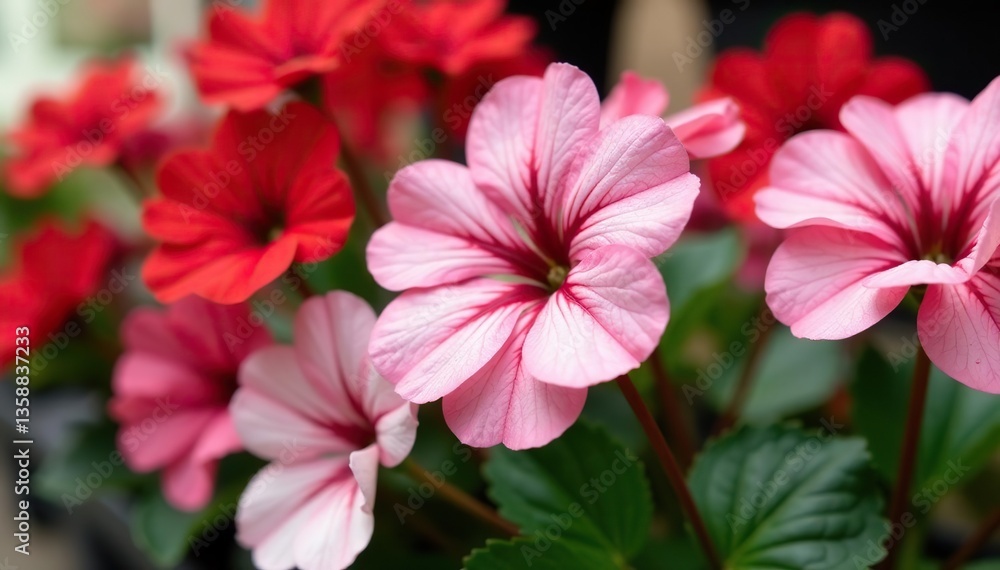 Obraz premium Vibrant geraniums in various shades of pink, red, and white displayed for sale at a garden center, flowers, red