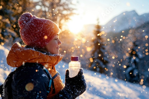 Woman drinking water in winter mountain sun; hydration, cold weather adventure
