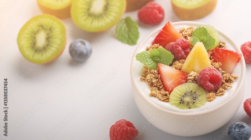 Fresh fruit bowl featuring a delightful combination of fruits and granola for a nutritious breakfast or snack option Fresh fruit bowl featuring a delightful combination of fruits and granola for a nutritious breakfast or snack option