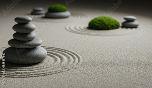 Zen garden with stacked rocks and raked sand,
