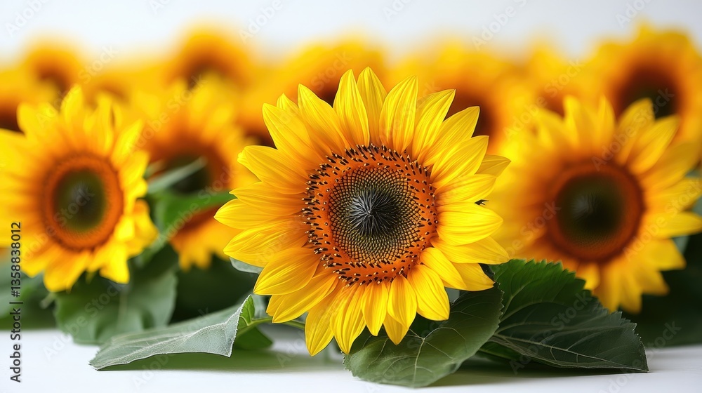 Obraz premium A vibrant arrangement of sunflowers showcasing their bright yellow petals and intricate centers with lush green leaves in the background